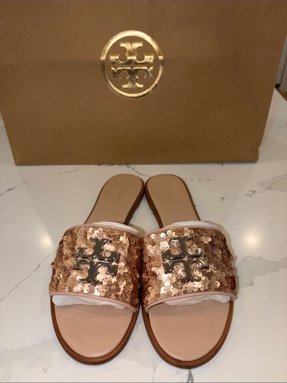 Tory Burch Sequin Logo Slide Sandals in Rose Gold Sz 9.5 Brand New without box